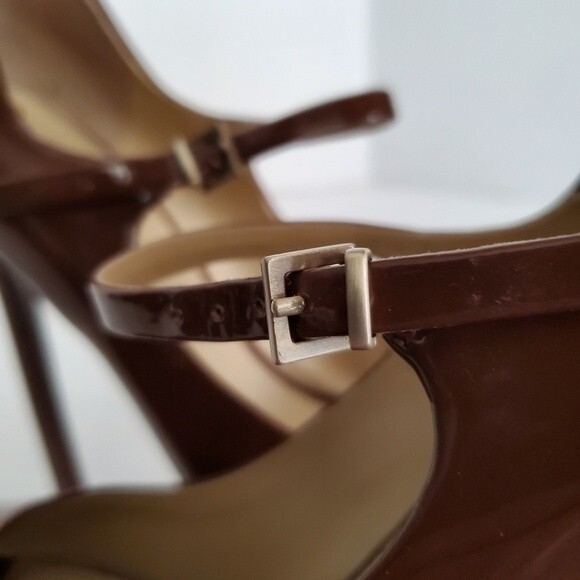Brian Atwood Bambola Brown Peep Toe Patent Leather Platform Heels size 6.5 - Picture 7 of 13